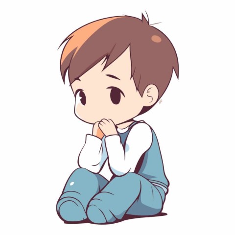 cute little boy sitting and thinking on white background