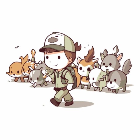 Illustration of a Kid Boy Walking with His Cute Animals Around h