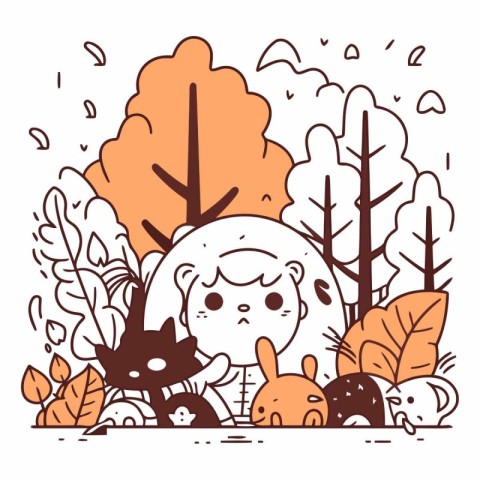 Vector illustration of a little girl in the autumn forest with h