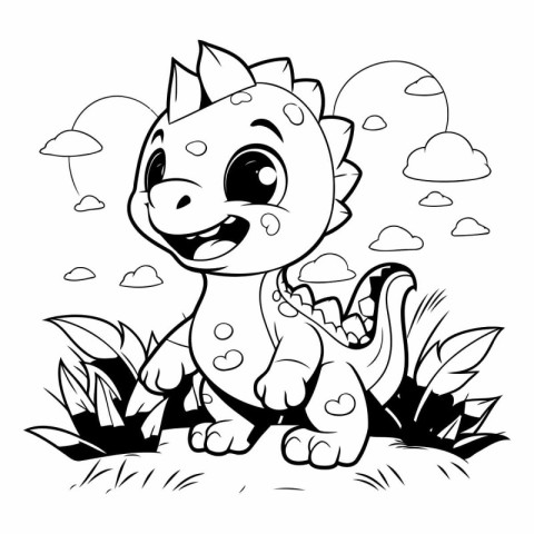 Cute cartoon dinosaur sitting in the grass. Black and white vect