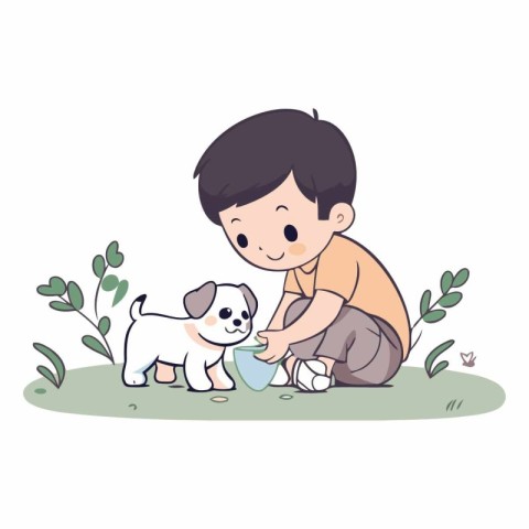 Boy playing with dog in the garden. Cute cartoon vector illustra