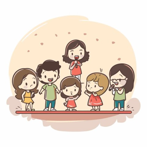 Happy family in the park. Hand drawn vector illustration in cart