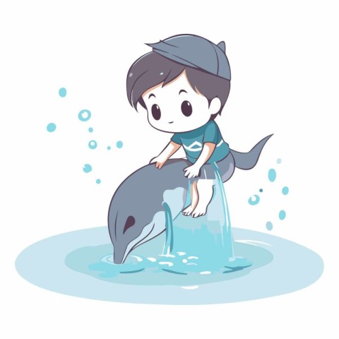 Illustration of a boy playing with a shark in the water.