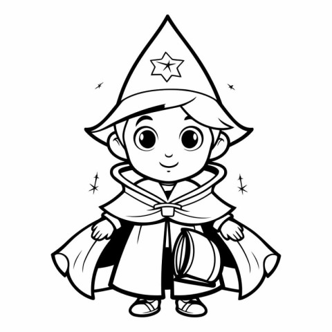 Black and White Cartoon Illustration of Cute Little Wizard Boy C