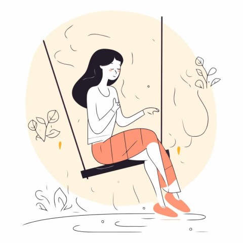 Young woman sitting on a swing in a flat style.