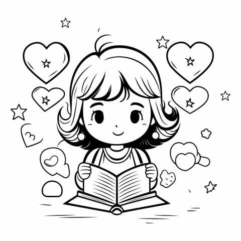 Cute little girl reading a book. Black and white vector illustra