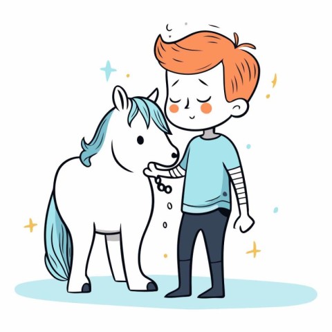 Cute boy with a white horse in cartoon style.