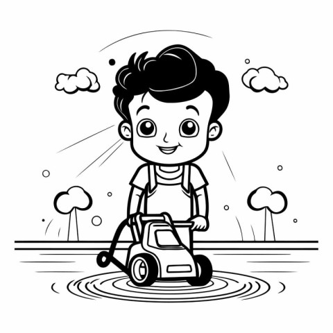 Cute cartoon boy playing with lawnmower.