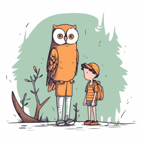 Little boy with a big owl in cartoon style.