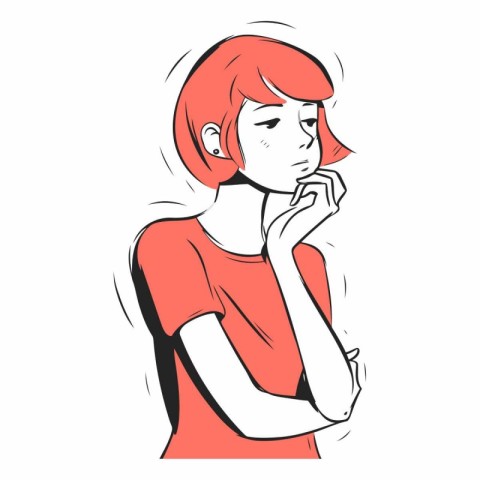 Illustration of a sad woman in a red t-shirt.