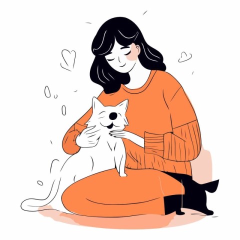 Vector illustration of a girl sitting with a cat in her hands.