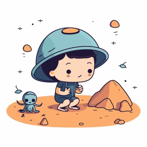 Little boy playing with alien in the space. Cute cartoon vector