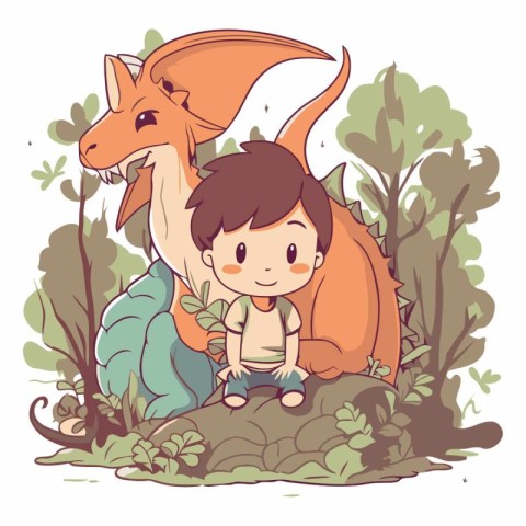 Cute little boy with a dinosaur in the forest