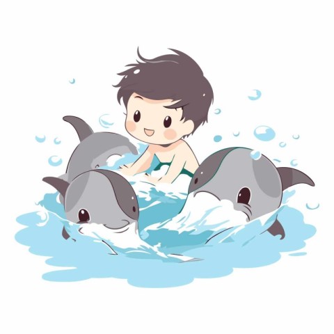 Boy swimming with dolphins in the sea of a boy swimming with dol