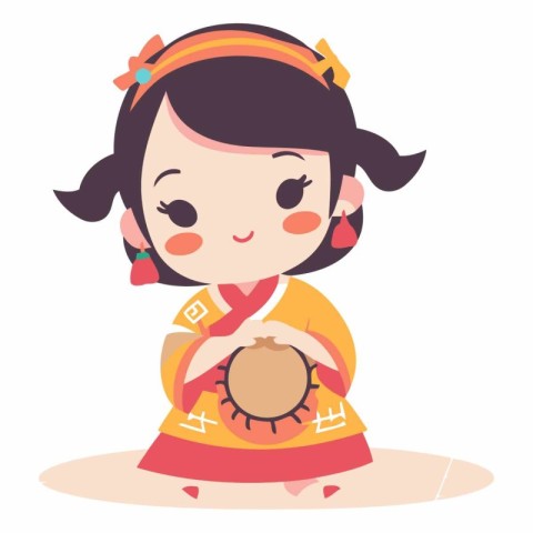 Illustration of a Cute Chinese Girl in Traditional Clothes Holdi