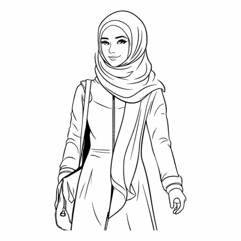 Hijab woman in a coat. Hand drawn vector illustration.