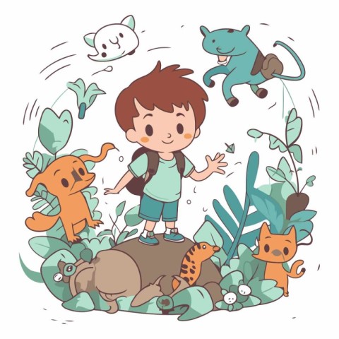 Cute little boy playing with funny animals in cartoon style.