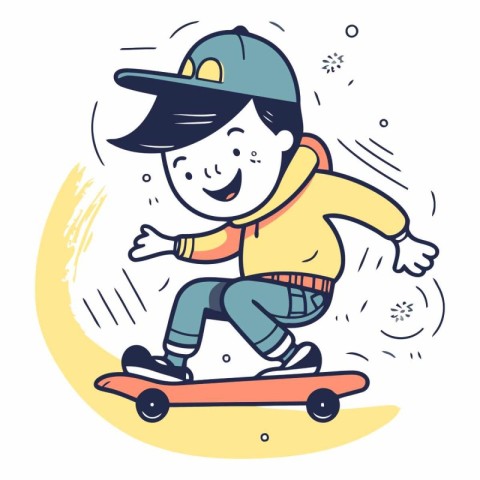 Boy riding a skateboard in doodle style.