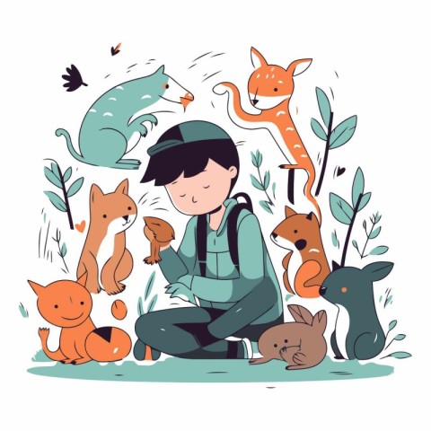 Vector illustration of a little boy with a set of wild animals.