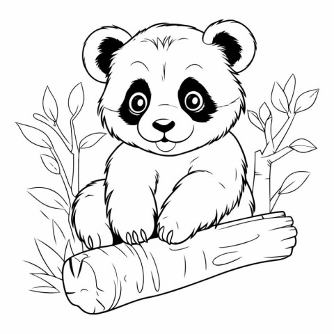 Cute panda sitting on a log. Black and white vector illustration