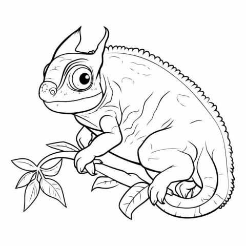 Chameleon on a branch. Coloring book page for adults.