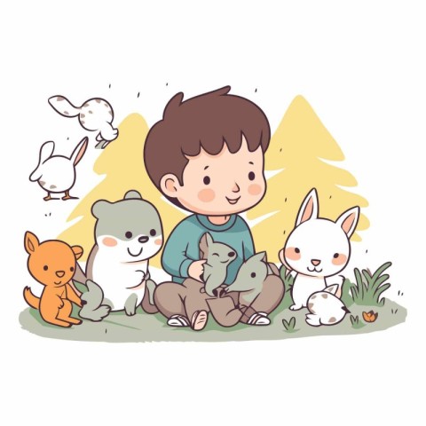 Cute little boy playing with rabbit and squirrel.