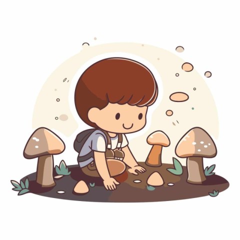 Cute little boy picking mushrooms of a boy picking mushrooms.