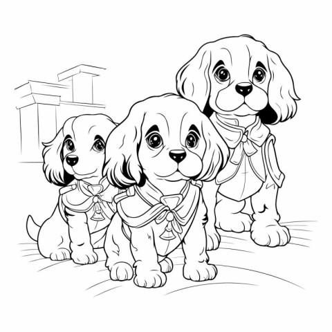 Cute cartoon doggies. Black and white vector illustration for co