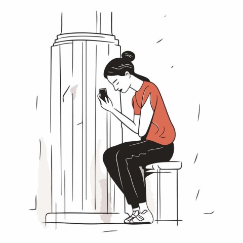 illustration of a girl sitting on a bench and using a smartphone