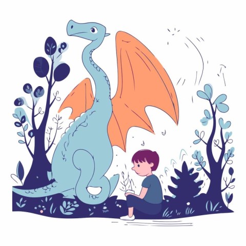 Cute boy playing with a dinosaur in the forest