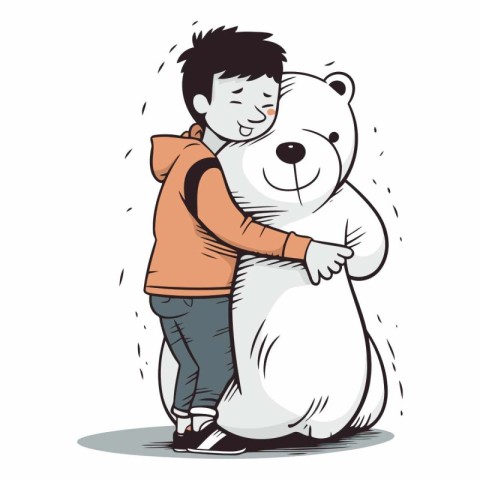 Vector illustration of a boy hugging a big white polar bear on a