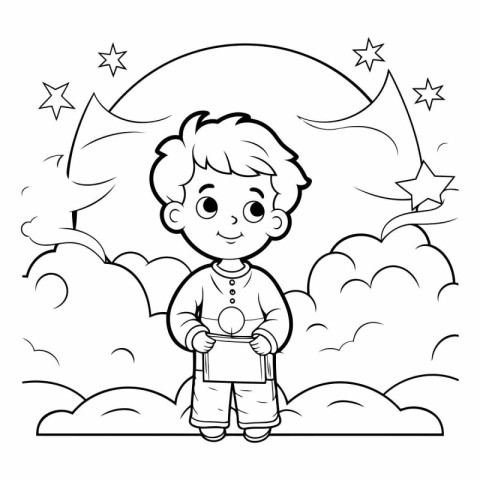 Black and White Cartoon Illustration of Cute Little Boy with a B