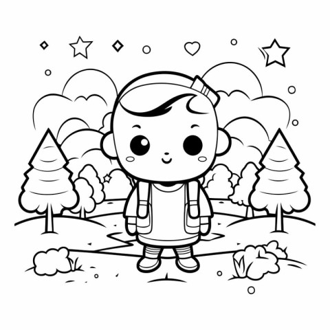 Outline illustration of a boy standing in the park. coloring boo