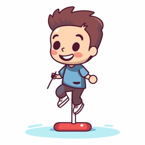 Cute boy walking on the scales. Vector flat style cartoon illust