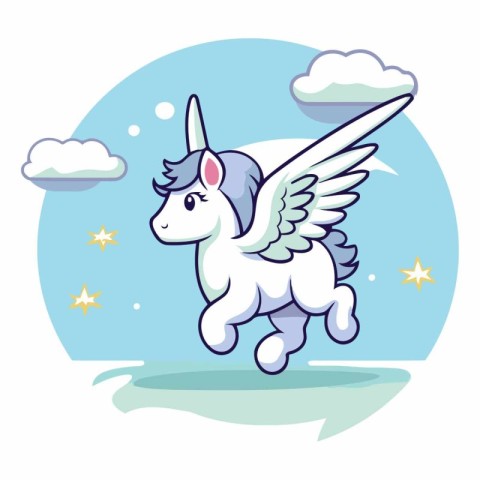 Unicorn flying in the sky with clouds.