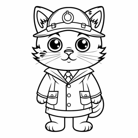 Black and White Cartoon Illustration of Cute Cat Captain Charact