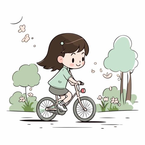 Little girl riding a bicycle in the park. Vector cartoon illustr