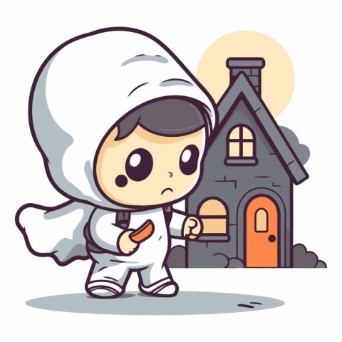 Cute little boy in costume of astronaut with house.