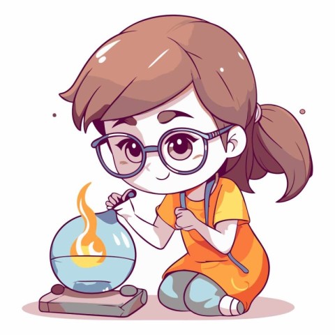 Little girl reading a book with a candle. Vector cartoon illustr