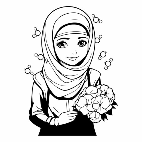 Arabic woman with flowers in her hand. Black and white vector il