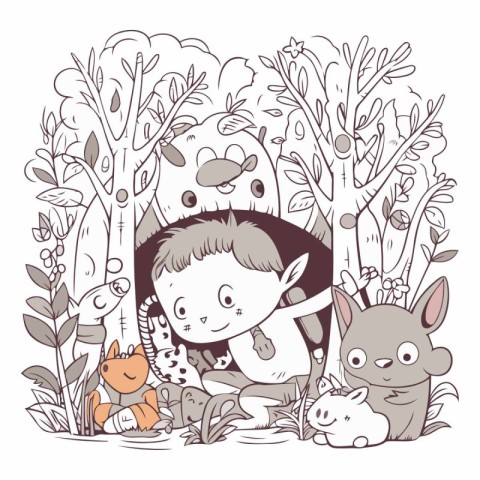 cute little boy with animals in the forest vector illustration g