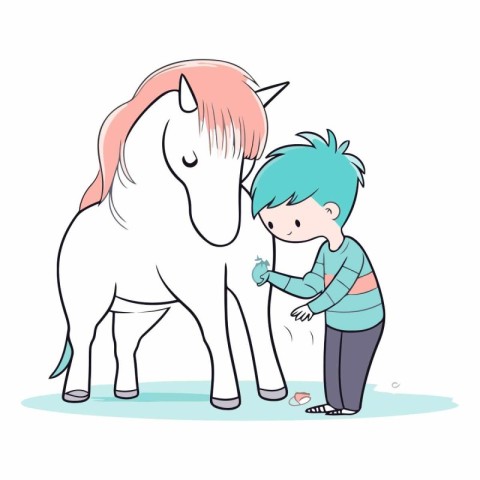 Cute little boy and horse in cartoon style.