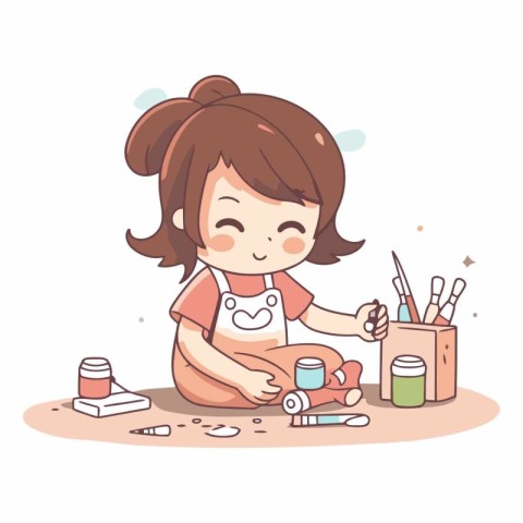 Cute little girl painting nails in cartoon style.