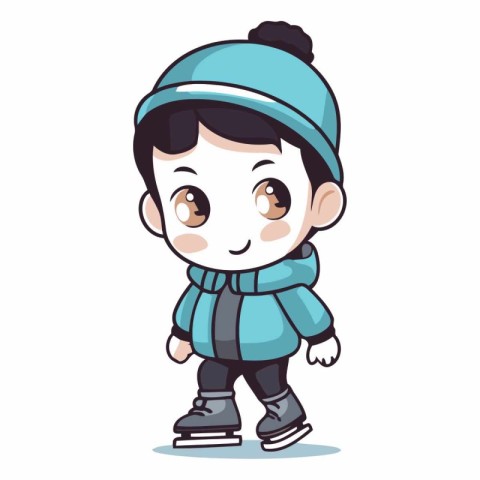 Cute little boy ice skating in winter clothes.