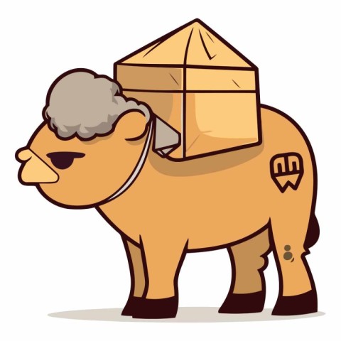 Cute camel with a carton box. Cartoon vector illustration.