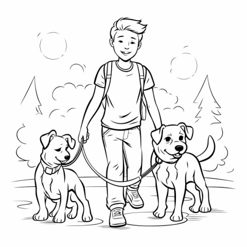 Handsome young man walking with dogs in the park.