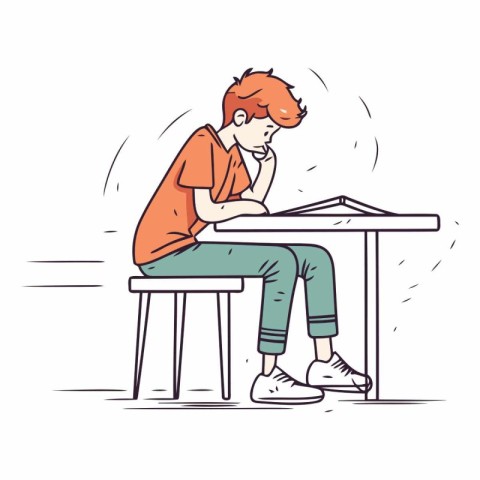 Sad boy sitting at the table in sketch style.