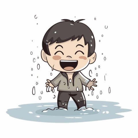 Cute boy crying in puddle. Vector cartoon character illustration