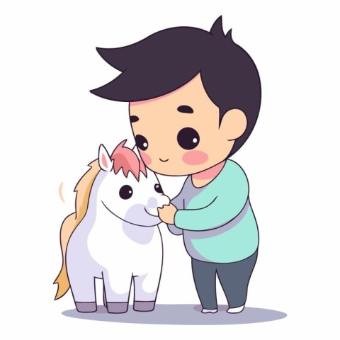 Cute little boy playing with a horse in cartoon style.