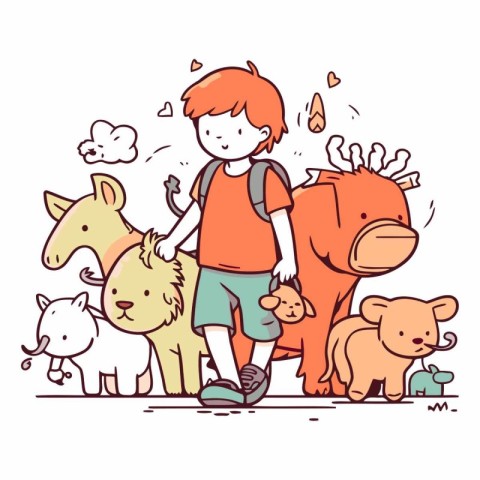 Cute little boy walking with his pet animals.